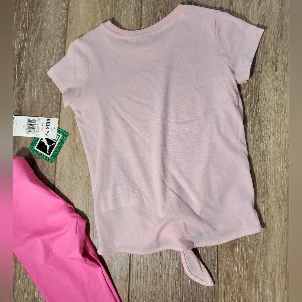 Little girl's Puma dark pink capri leggings and light pink tie-front tee Size 5